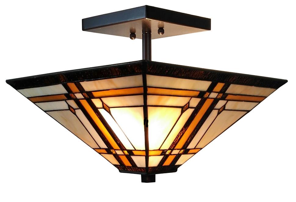 Tiffany-Style Mission 2-Light Semi-Flush Ceiling Fixture, 14-Inch, Multi-colored