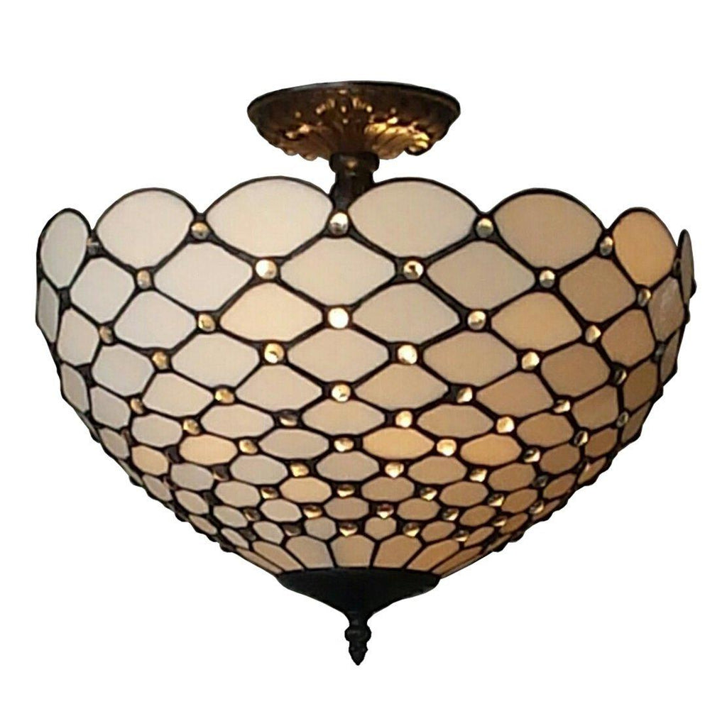 Tiffany-Style Jewel 2-Light Semi-Flush Ceiling Fixture, 16-Inch